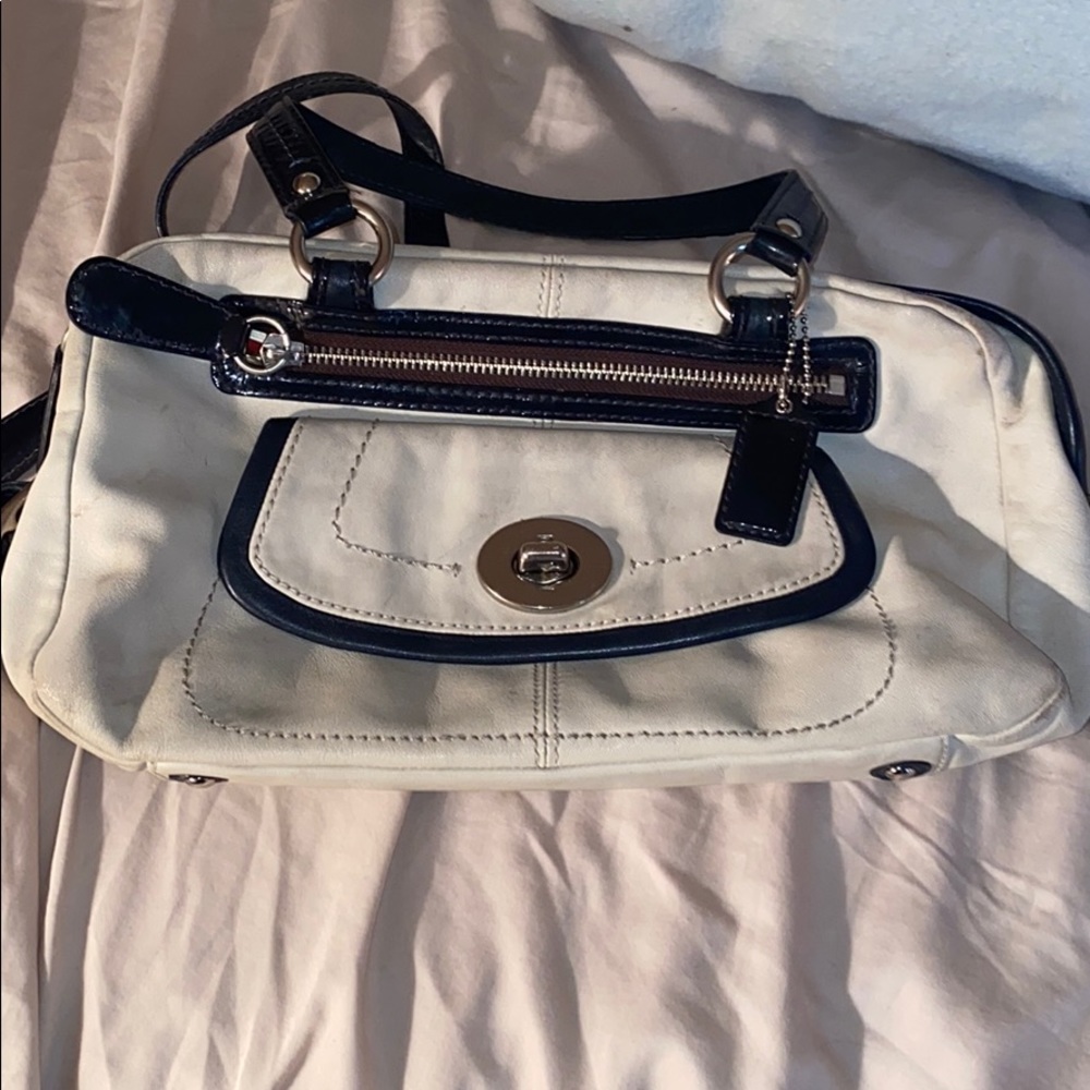 Coach Cream & Navy Handbag with Coral Lining